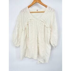 Free People Oversize Gauzey Cream Ruffle Top Size XS Peasant Boho Flowy Festival